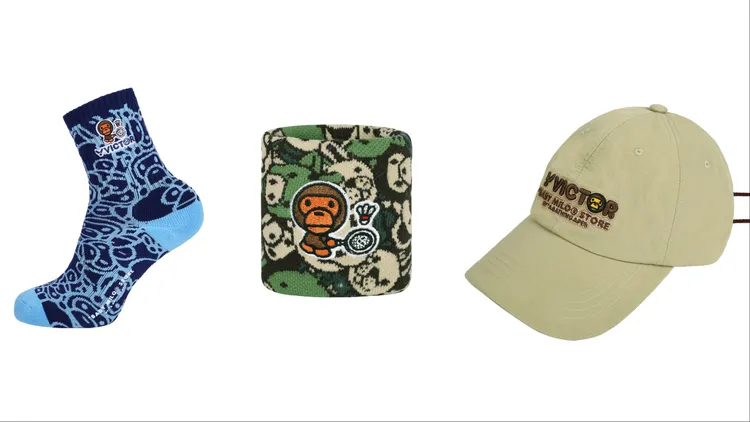 VICTOR x BABY MILO STORE聯名高筒運動襪（左起）350元、護腕200元、運動帽580元。品牌提供