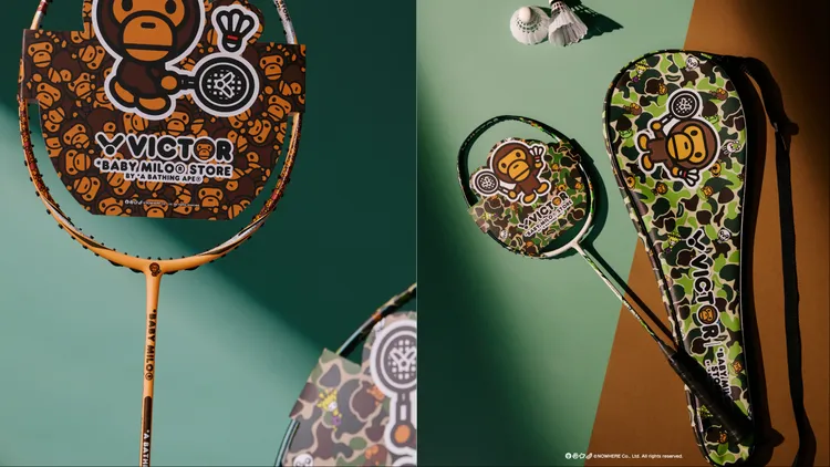 2款羽球拍從拍面卡、握把細節以及專屬拍袋套，皆佈滿迷彩意象與BABY MILO角色圖樣。品牌提供