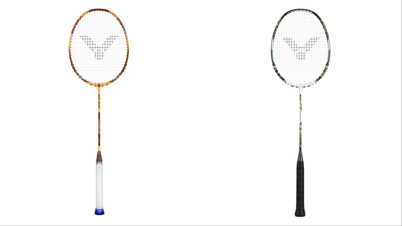 VICTOR x BABY MILO STORE聯名球拍MILO橘（左） 7500元、叢林迷彩綠（右）4000元。品牌提供