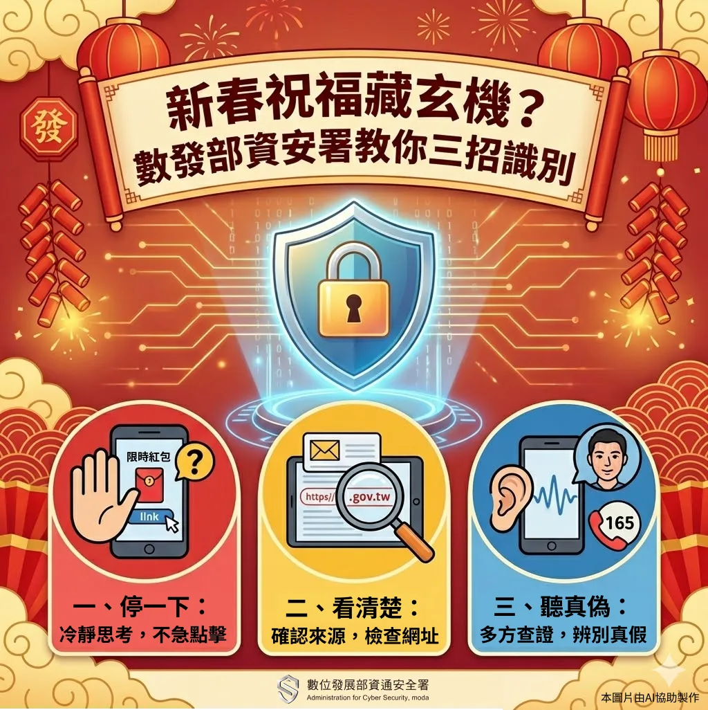 數位發展部資安署提醒，春節期間收到拜年訊息、紅包連結或優惠通知時，務必先「停一下、看清楚、聽真偽」，確認來源與網址安全，避免誤點惡意連結導致個資外洩或遭詐騙。數發部提供