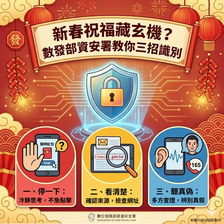 數位發展部資安署提醒，春節期間收到拜年訊息、紅包連結或優惠通知時，務必先「停一下、看清楚、聽真偽」，確認來源與網址安全，避免誤點惡意連結導致個資外洩或遭詐騙。數發部提供