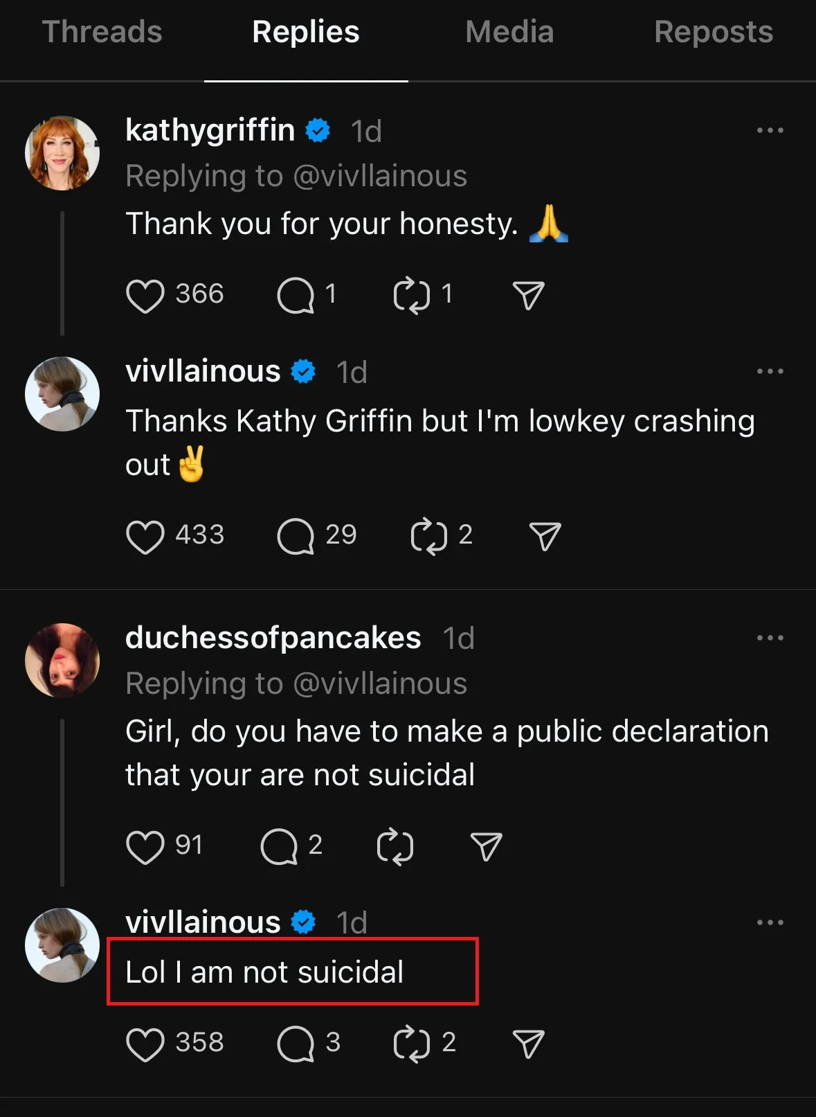 薇薇安澄清自己不會自殺。翻攝自X