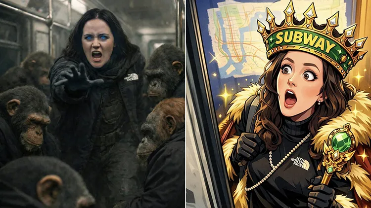 網友AI製圖，把女子繪製成地鐵女王，或是對抗一群黑猩猩的女英雄。翻攝自reddit
