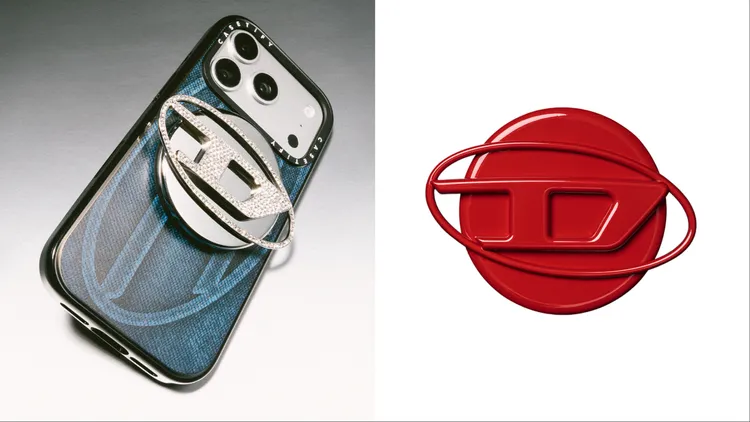 Diesel x CASETiFY聯名系列Oval D水鑽銀白浮雕手機支架（左）2770元、艷紅手機支架（右）2610元。品牌提供