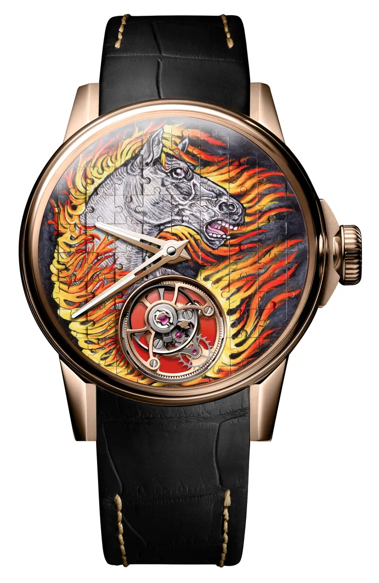 Louis Moinet Tourbillon Puzzle Fire Horse飛行陀飛輪腕錶，40.7mm，18K紅金錶殼與5級鈦金屬（內殼），四層結構共81塊部件拼圖錶盤，手動上鍊飛行陀飛輪機芯，動力儲存96小時，防水深度30米，全球限量1只，588萬元。品牌提供