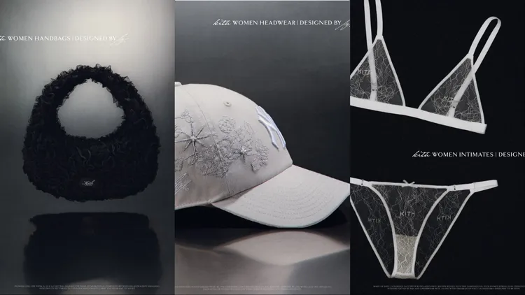 黑色蕾絲手提包、刺繡棒球帽，以及性感爆棚的白色蕾絲內衣等春季配件也將登場。翻攝kithwomen IG