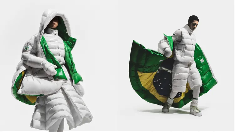 MONCLER為巴西隊持旗手打造的白斗篷，內裡以精緻嵌花工藝隱藏巴西國旗細節。品牌提供