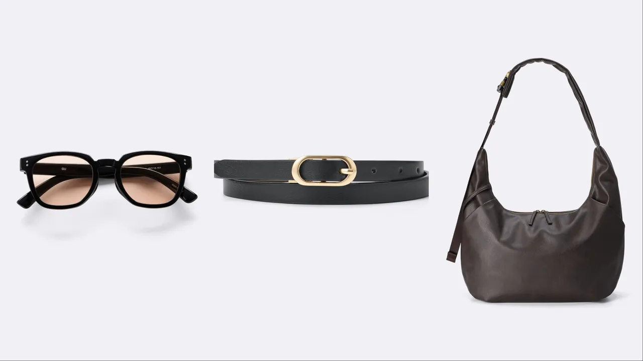 GU配件抗UV方框威靈頓太陽眼鏡（左起）優惠價275元、女裝橢圓釦雙面腰帶優惠價250元、肩背包優惠價690元。品牌提供
