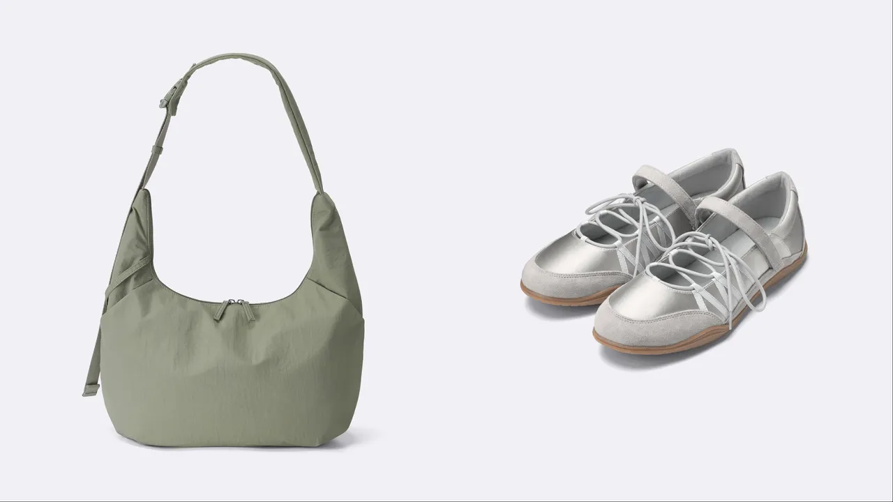 GU柔軟尼龍肩背包（左）優惠價490元、女裝繫帶芭蕾運動鞋（右）優惠價790元。品牌提供