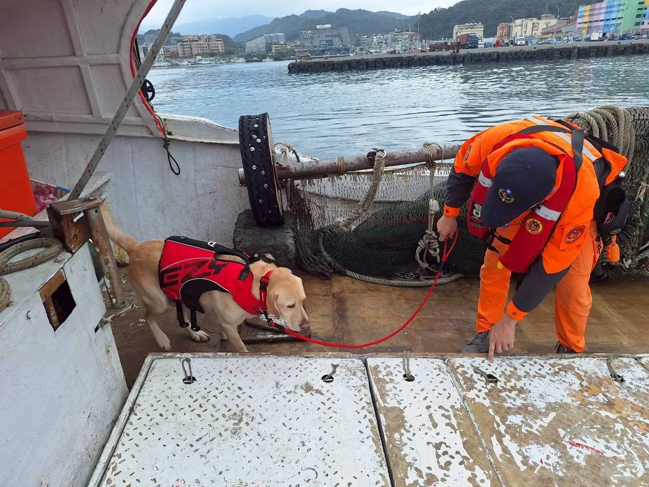 海巡人員偕同偵蒐犬執行安檢。翻攝畫面