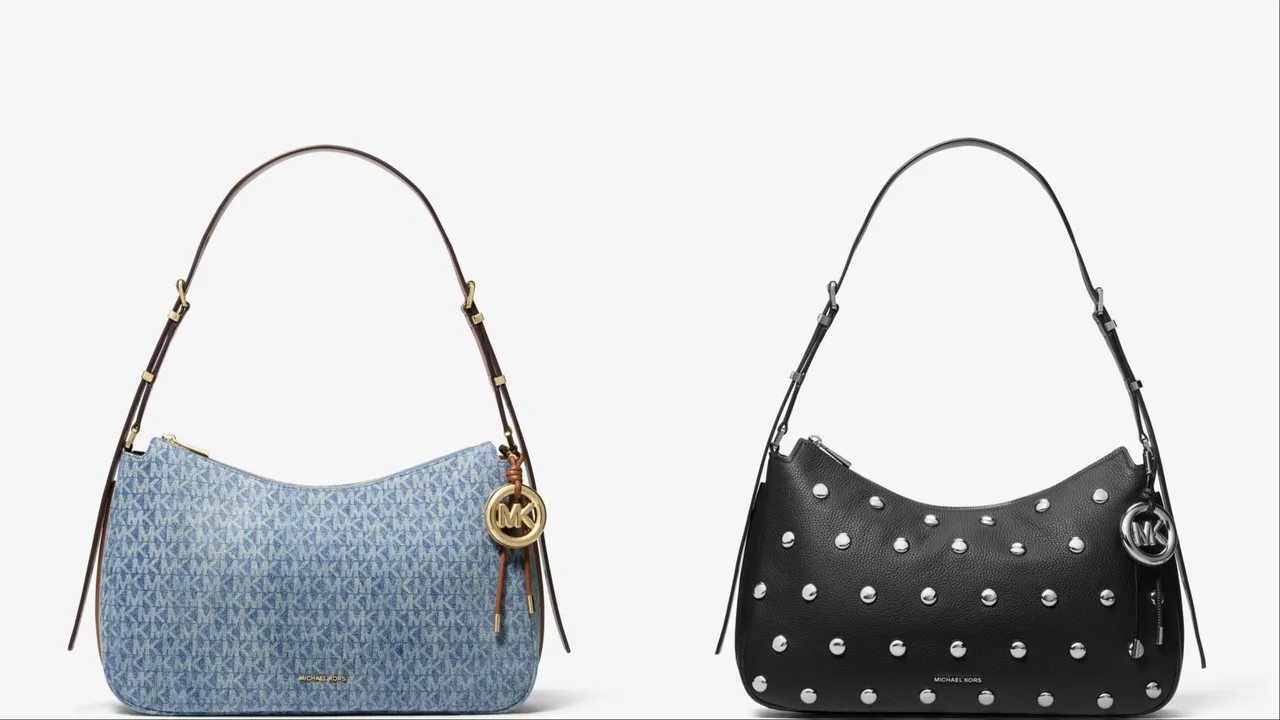 MICHAEL KORS Nolita丹寧經典LOGO印花肩背包（左）1萬3400元、Nolita黑色鉚釘肩背包（右）1萬8800元。品牌提供