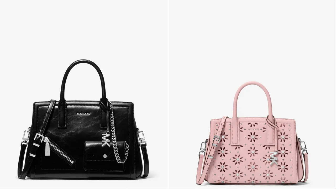 MICHAEL KORS Laila黑色口袋肩背提包（左）1萬6600元、Laila粉色雕花肩背提包（右）1萬4300元。品牌提供