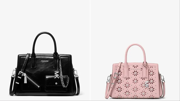 MICHAEL KORS Laila黑色口袋肩背提包（左）1萬6600元、Laila粉色雕花肩背提包（右）1萬4300元。品牌提供