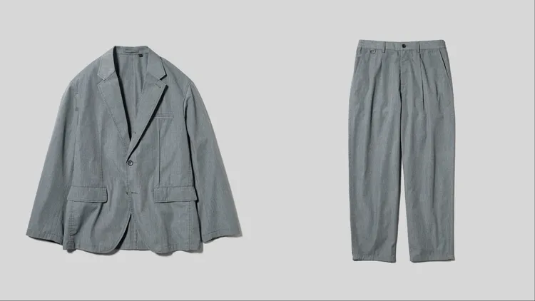 GU x UNDERCOVER西裝外套1690元、寬版窄管褲990元。品牌提供