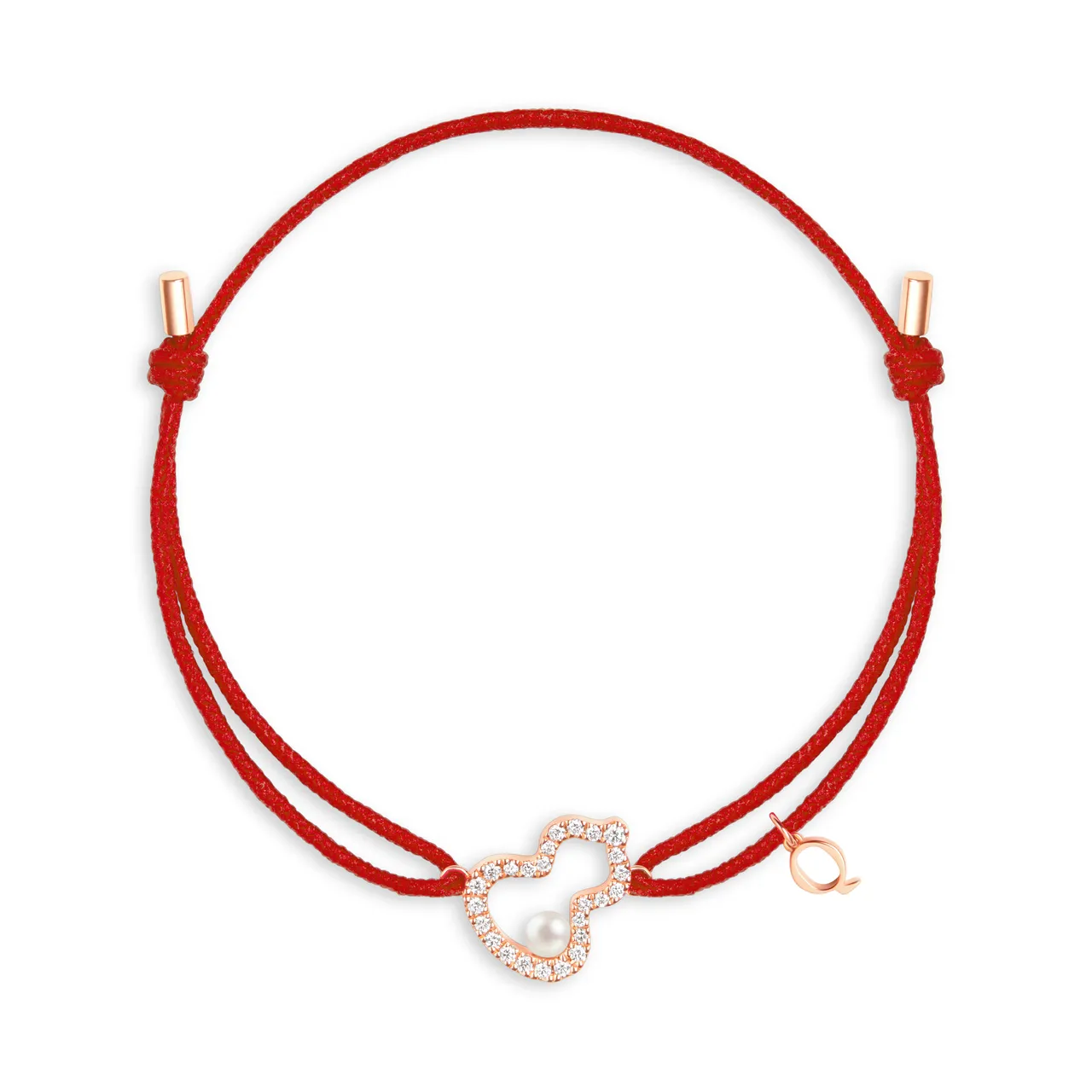 Qeelin Wulu Petite 18K玫瑰金鑲嵌鑽石及Akoya珠紅繩手鍊，4萬9000元。品牌提供