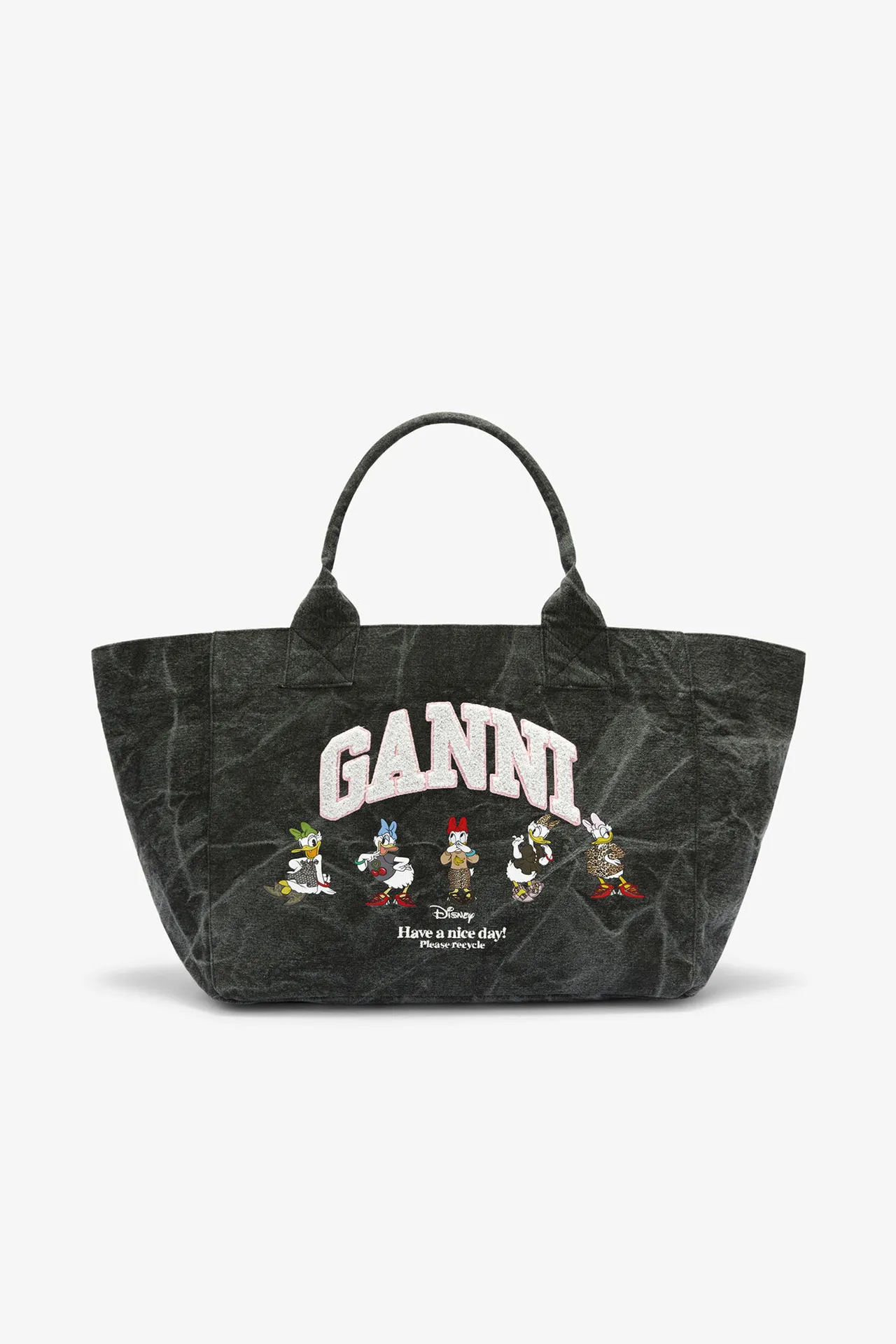 GANNI X DISNEY黛西們中型手提袋（黑牡蠣灰），9800元。品牌提供