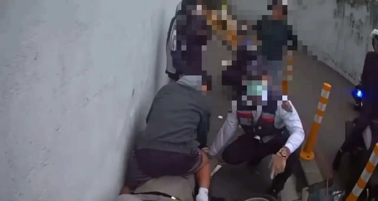 馬男騎電動自行車撞到行人，引發口角，還動手打對方，被簡男制伏在地。翻攝畫面