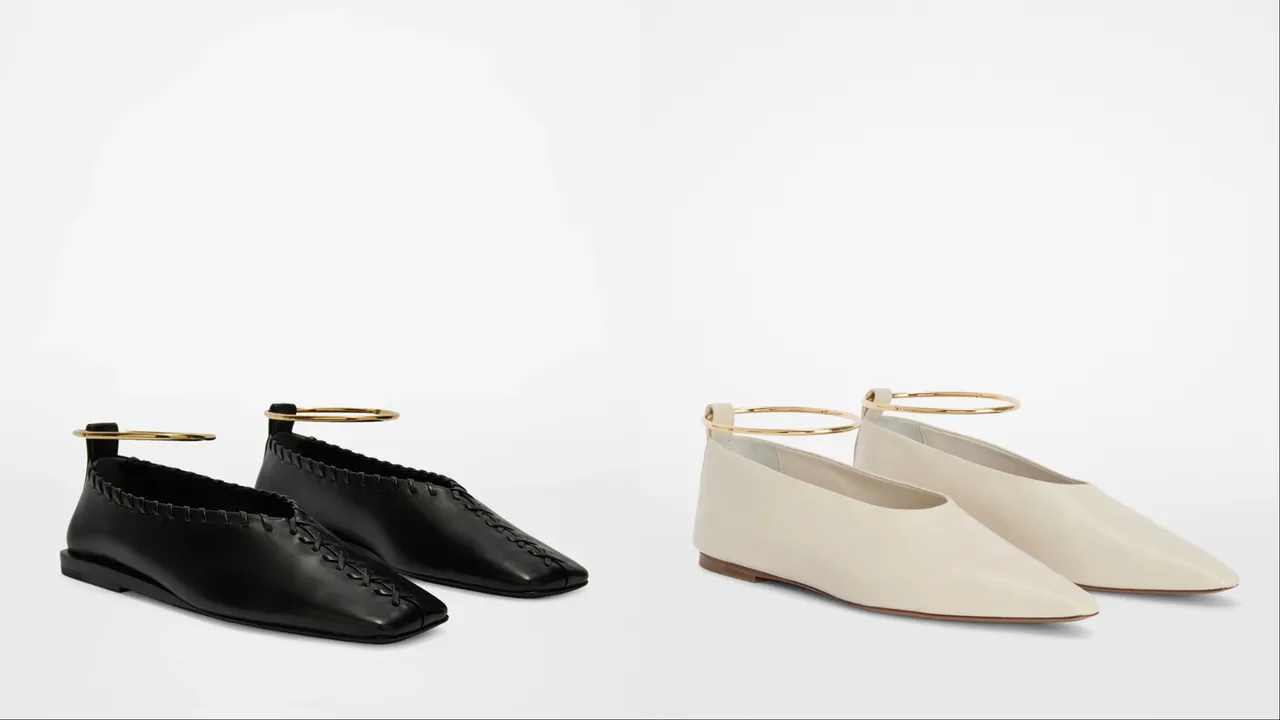 JIL SANDER金屬環方頭芭蕾舞鞋（左）、金屬環白色尖頭芭蕾舞鞋（右），各3萬2300元。品牌提供