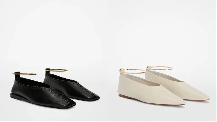 JIL SANDER金屬環方頭芭蕾舞鞋（左）、金屬環白色尖頭芭蕾舞鞋（右），各3萬2300元。品牌提供
