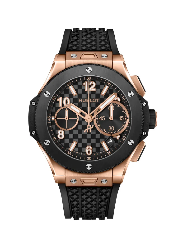 Hublot BIG BANG ORIGINAL UNICO皇金陶瓷計時碼錶，43mm，拋光及緞面處理18K皇金錶殼，碳纖維立體浮雕紋理面盤，黑色立體橡膠錶帶，MHUB1280 UNICO 自製自動上鍊飛返計時機芯，動力儲存約72 小時，防水深度100米。117萬3000元。品牌提供
