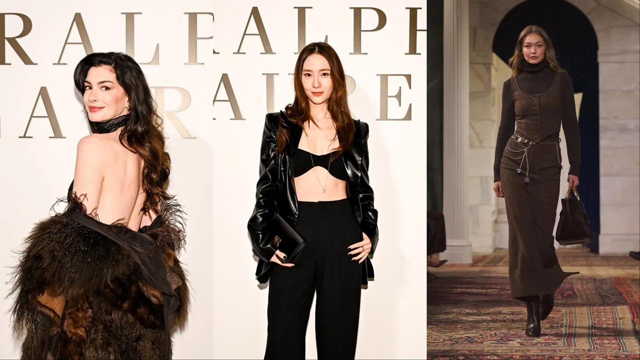 安海瑟薇（左）、鄭秀晶（中）現身Ralph Lauren秀場。翻攝安海瑟薇IG、品牌提供