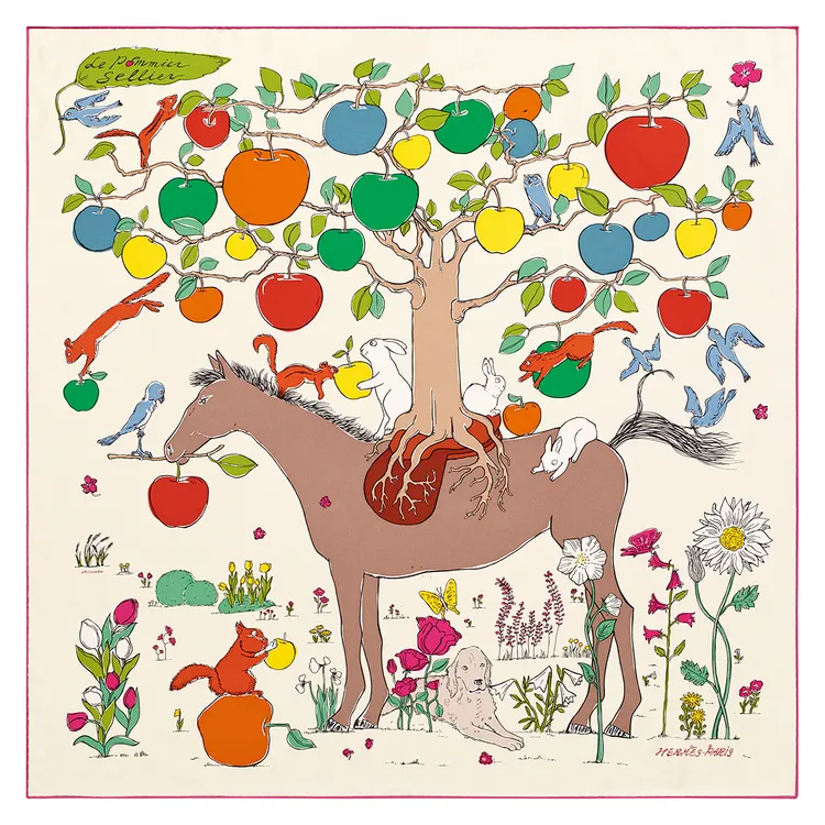 e Le Pommier sellier圖紋印花斜紋真絲方巾 (90 x 90 公分) ，2萬2500元。品牌提供