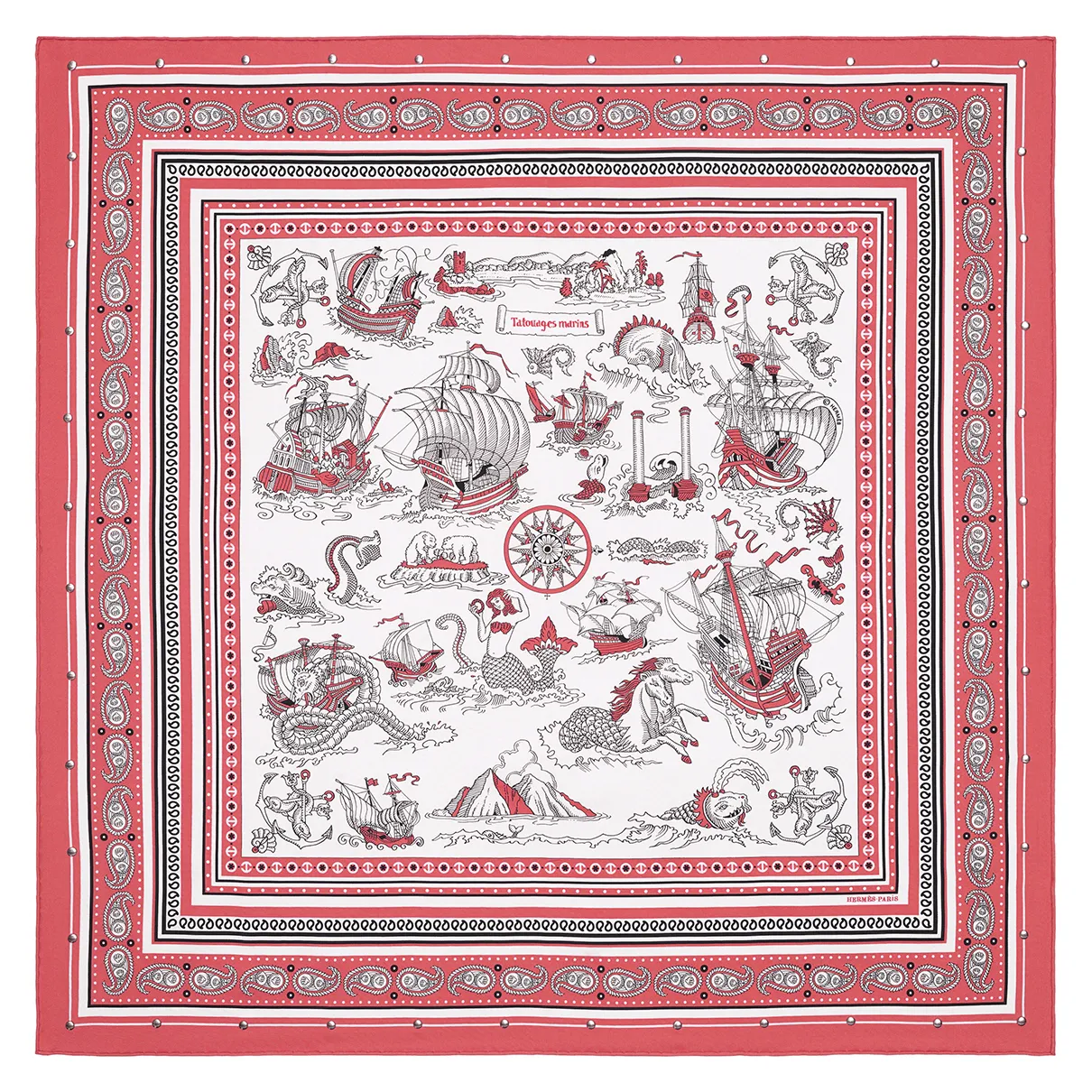 Tatouages marins bandana 圖紋印花斜紋真絲鑲釘方巾(70 x 70 公分)，3萬8100元。品牌提供