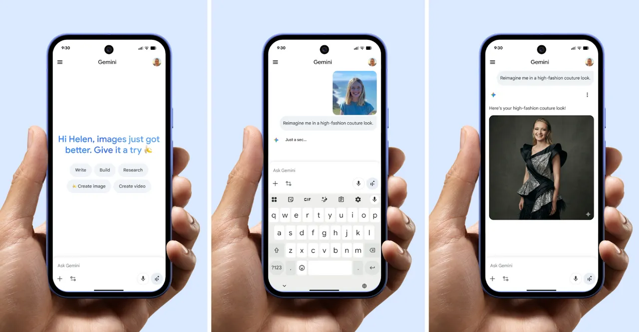 Pixel 10a搭載Gemini AI應用示意，使用者可透過文字與圖片指令，將人像轉換為高級訂製服風格影像，展現Tensor G4支援下的生成式AI創作能力。Google提供