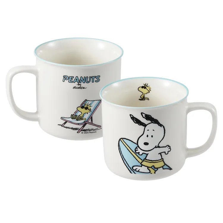 康寧餐具CORNINGWARE SNOOPY冒險日常系列衝浪冒險圖樣600ml馬克杯，微波、電鍋、烘碗機適用，盛裝飲品、清洗皆方便，新骨瓷製品，1260℃高溫燒製，透光性佳、輕盈。質地堅硬，且不易染上咖啡或茶垢，耐用又好洗。康寧餐具提供