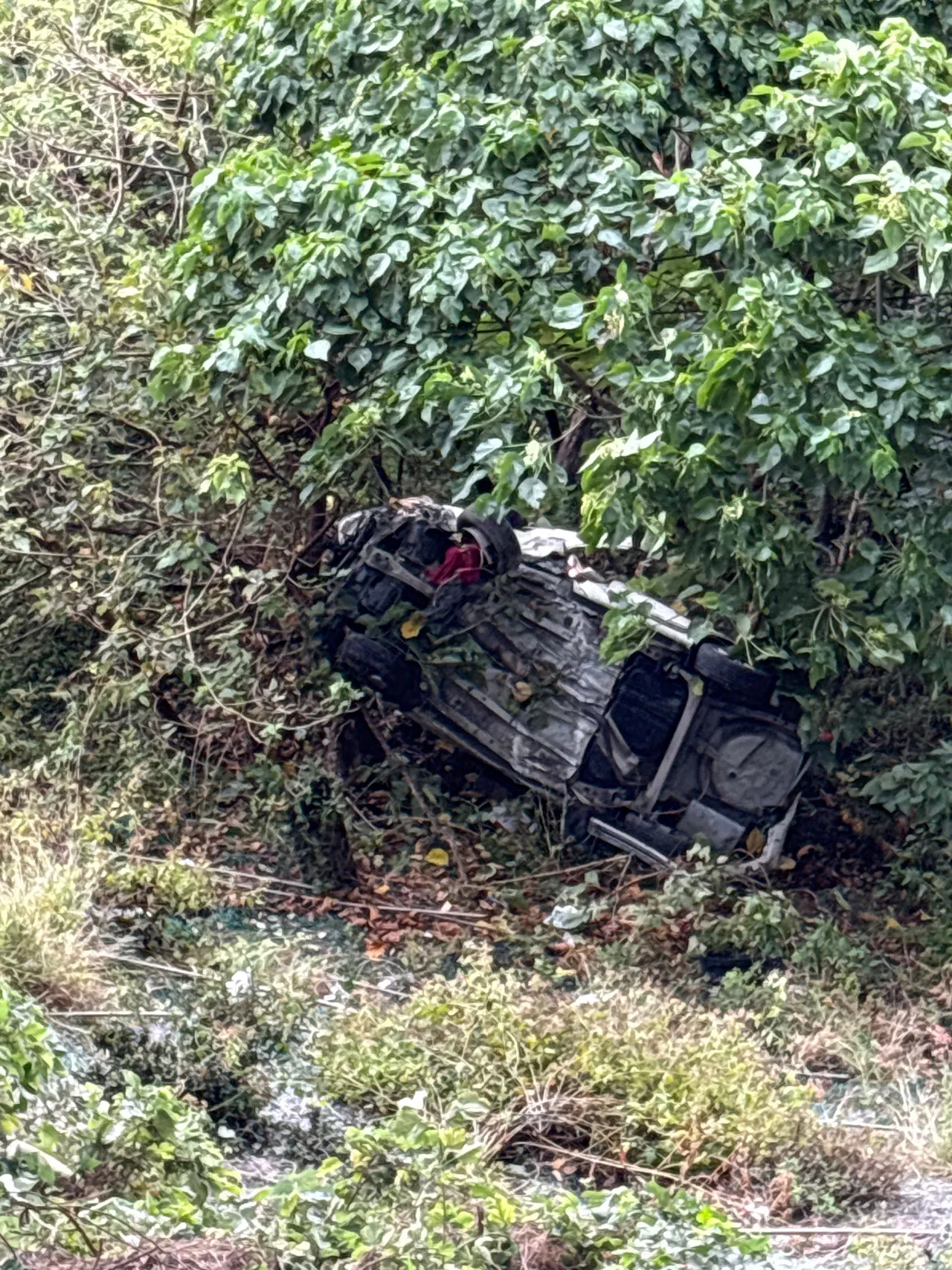 汽車墜落30米深谷。消防局提供