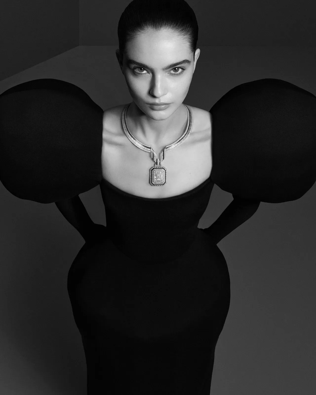 The Address鋪鑽項鍊，白金材質、黑漆飾邊，吊墜中央鑲嵌一顆10.01克拉的祖母綠形切割鑽石，工時1107小時。品牌提供