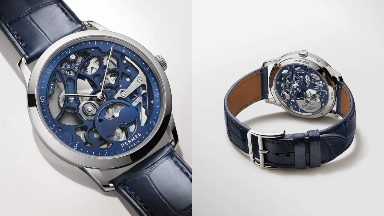 Slim d'Hermès Squelette Lune鏤空月相腕錶，39.5mm，鉑金錶殼，鏤空與放射紋打磨的藍色錶盤，霧面深海藍或黑色短吻鱷魚皮錶帶，H1953鏤空超薄自動上鍊機芯，動力儲存48小時，防水深度30米。品牌提供