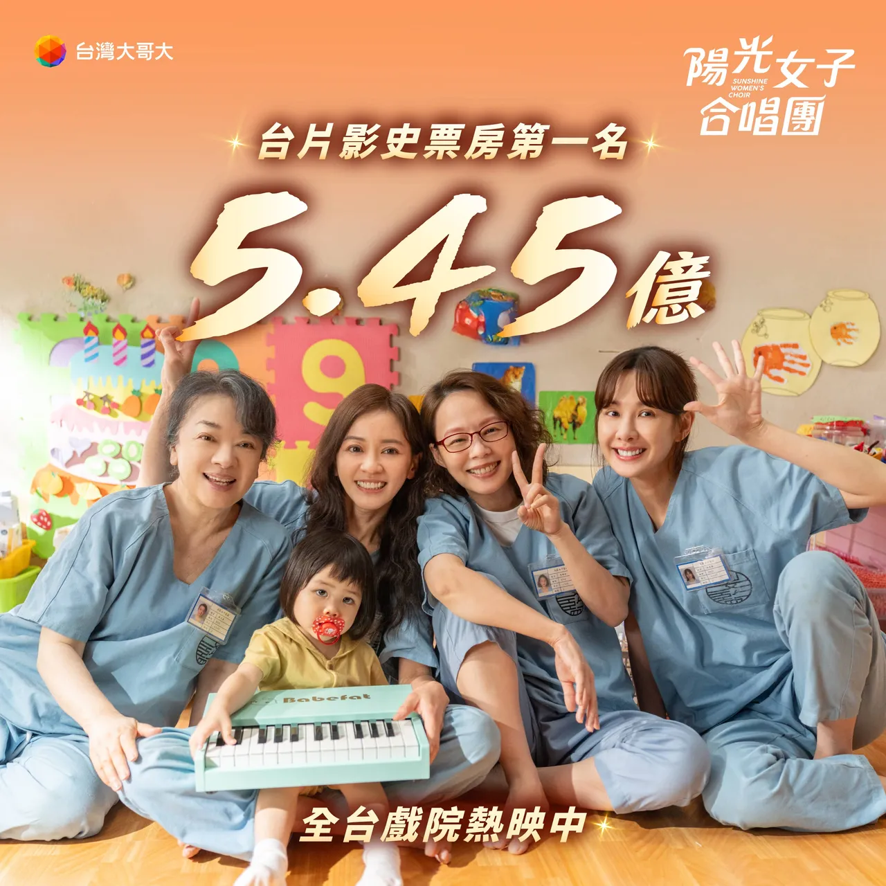 台灣大哥大共同投資出品的電影《陽光女子合唱團》正式以5.45億元票房，強勢改寫睽違18年的台片影史紀錄，榮登「台片影史票房第一名」。台灣大提供