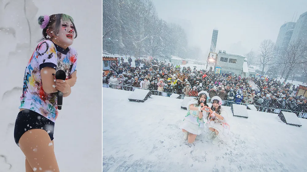 表演現場大雪紛飛，有成員做出覺得寒冷的動作。翻攝自Planck Stars X