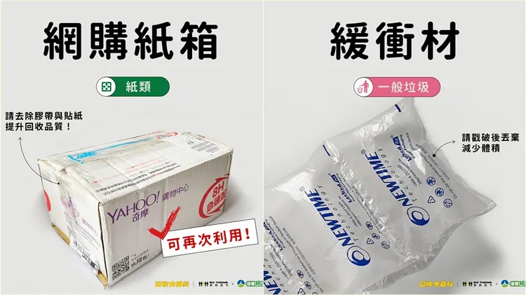紙箱要拆除膠帶後回收。翻攝自台南市環保局臉書