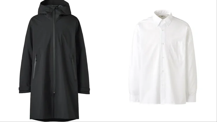 UNIQLO：C男裝BLOCKTECH防風雨大衣（左）3490元、府綢寬版襯衫（右）1290元。品牌提供
