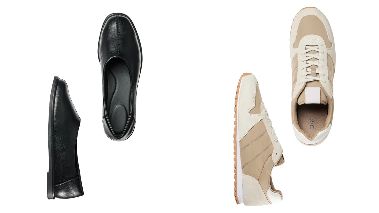 UNIQLO：C方頭平底鞋（左）1290元、拼接休閒鞋（右）1490元。品牌提供