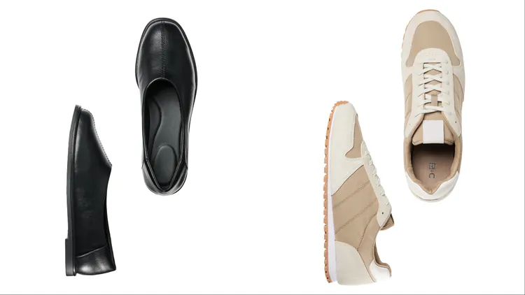 UNIQLO：C方頭平底鞋（左）1290元、拼接休閒鞋（右）1490元。品牌提供