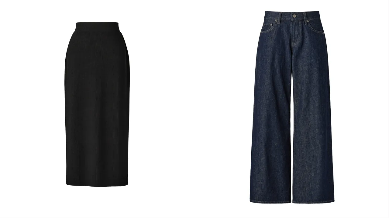 UNIQLO：C女裝3D織法羅紋長裙 （左）1490元、低腰寬版牛仔褲 （右）1290元。品牌提供