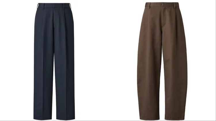 UNIQLO：C男裝打褶寬版錐形褲（左）、繭型褲（右），各1290元。品牌提供