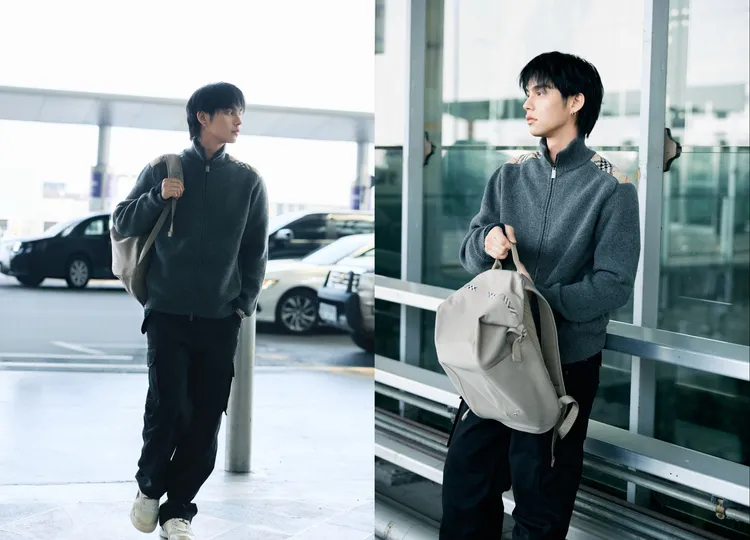 泰國男神Bright以灰色格紋細節外套搭配工裝褲穿出自在英倫風。品牌提供