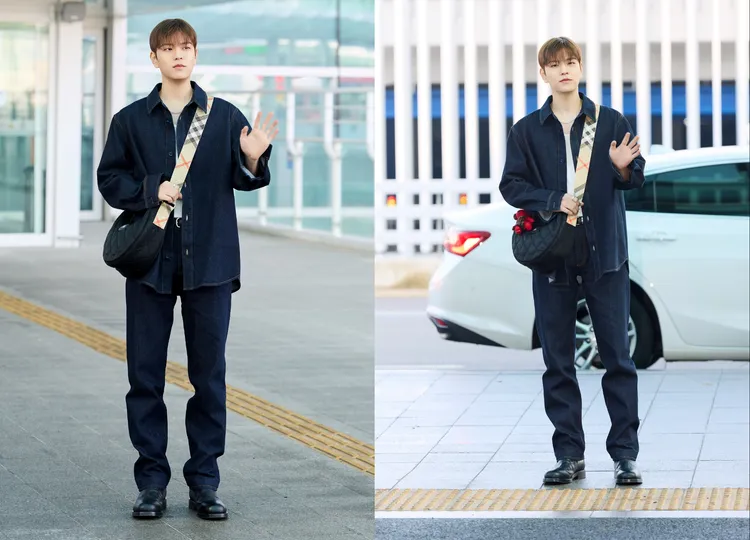 金昇玟以丹寧外套式襯衫搭配反摺直筒牛仔褲展現英倫活力。品牌提供