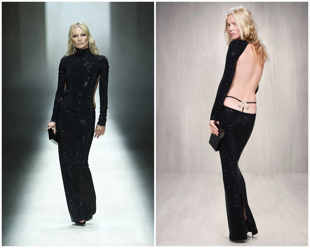 超模Kate Moss壓軸登場，套上鑲鑽GG丁字褲。品牌提供