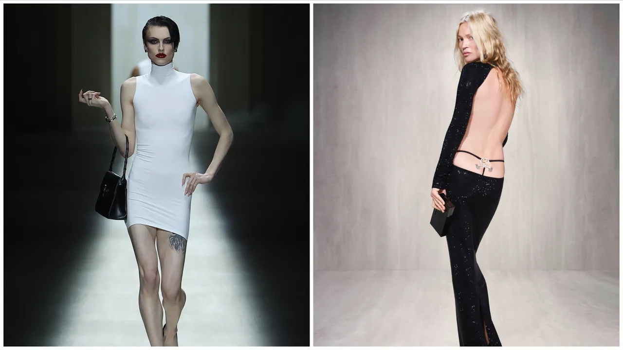 GUCCI 2026秋冬系列大秀，神級超模Kate Moss套鑲鑽GG丁字褲壓軸登場。品牌提供