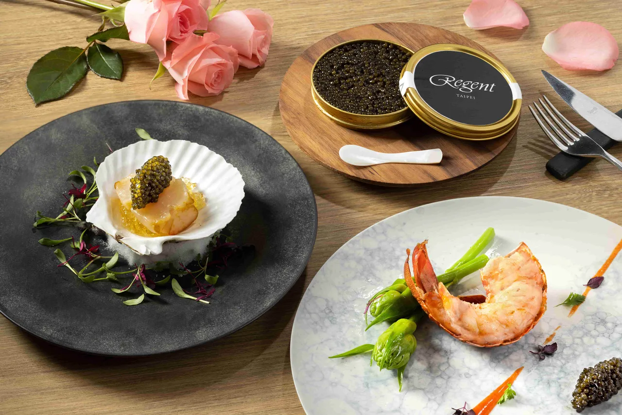 賓客於ROBIN’S牛排屋與鐵板燒點用情人節限定海陸套餐時，除了可以享用精緻的海鮮前菜，另可點用有「海洋黑鑽」之稱的義大利頂級Osietra Caviar魚子醬，為饗宴增添珍貴心意。台北晶華提供