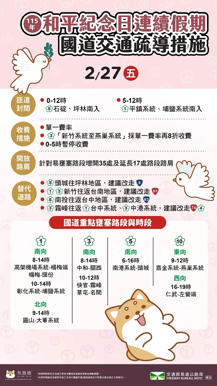 今日國道交通疏導措施。高公局提供