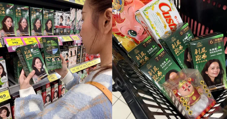 許多白髮族都被吸引前往家樂福搶購囤貨，賣場可見人手好幾盒。