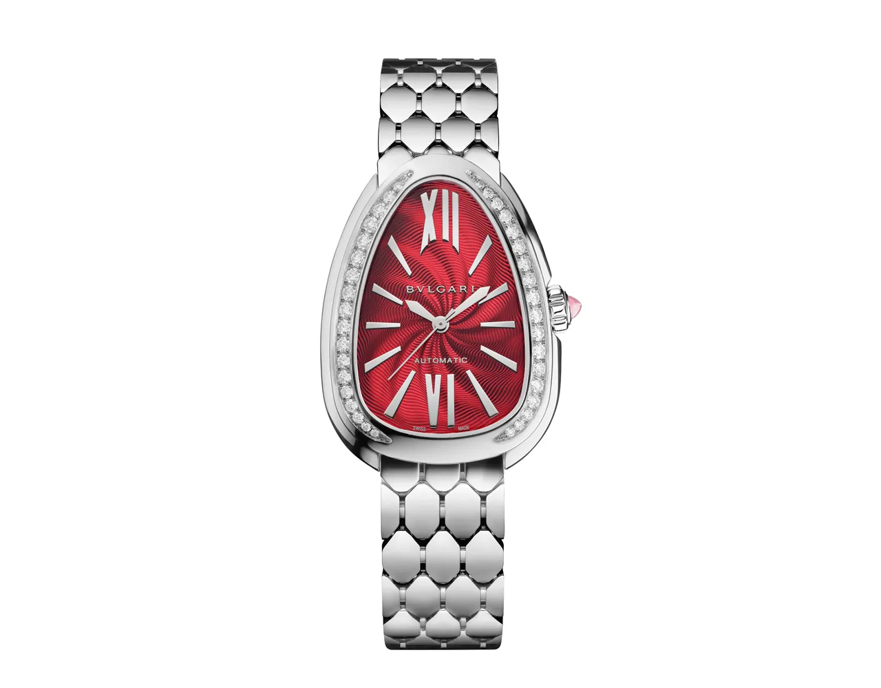 BVLGARI 2026農曆新年特別款 Serpenti Seduttori精鋼紅寶石色鑲鑽腕錶。品牌提供