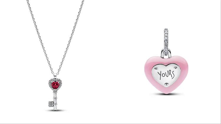 PANDORA心之鎖鑰項鍊（左）3480元、粉色陶瓷心形掛鎖吊飾（右）3680元。品牌提供