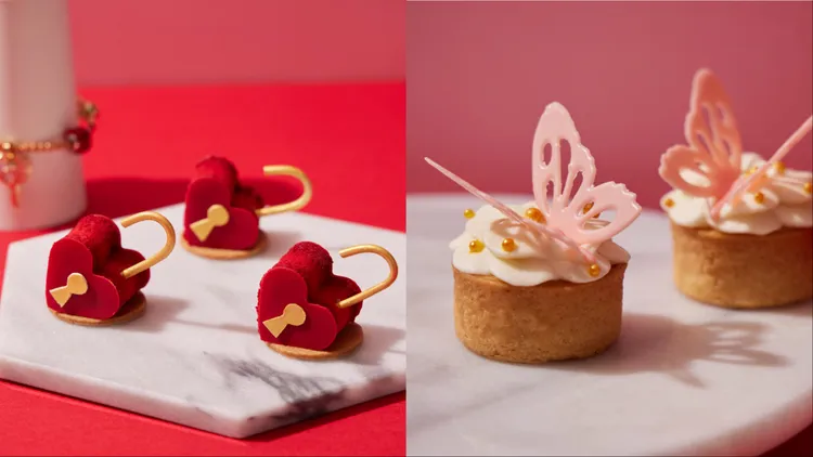 「Unlock Love紅絲絨蛋糕」、「幻彩蝶舞檸檬塔」將珠寶的精緻感展現於盤餐之上。台北寒舍艾美酒店提供